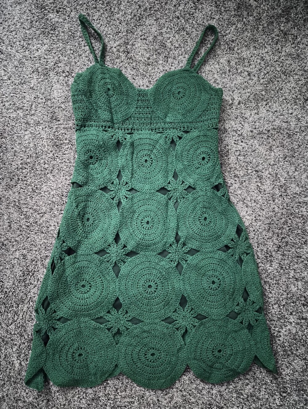 Green Crochet Mini Dress with Scalloped Hem